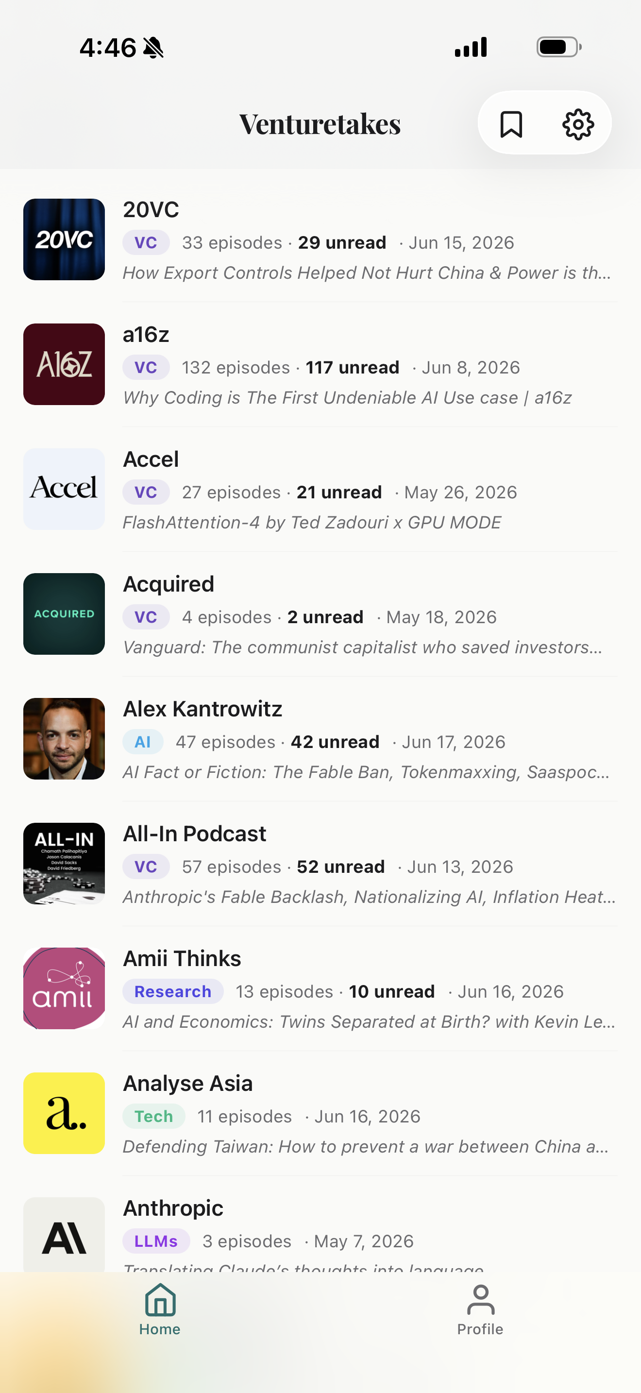 Episode list with search and category filters